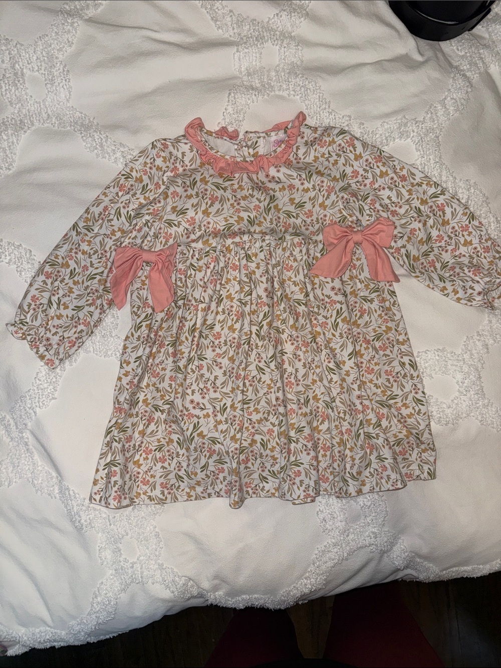 Floral Ruffle-Neck Girls' Dress with Pink Bows